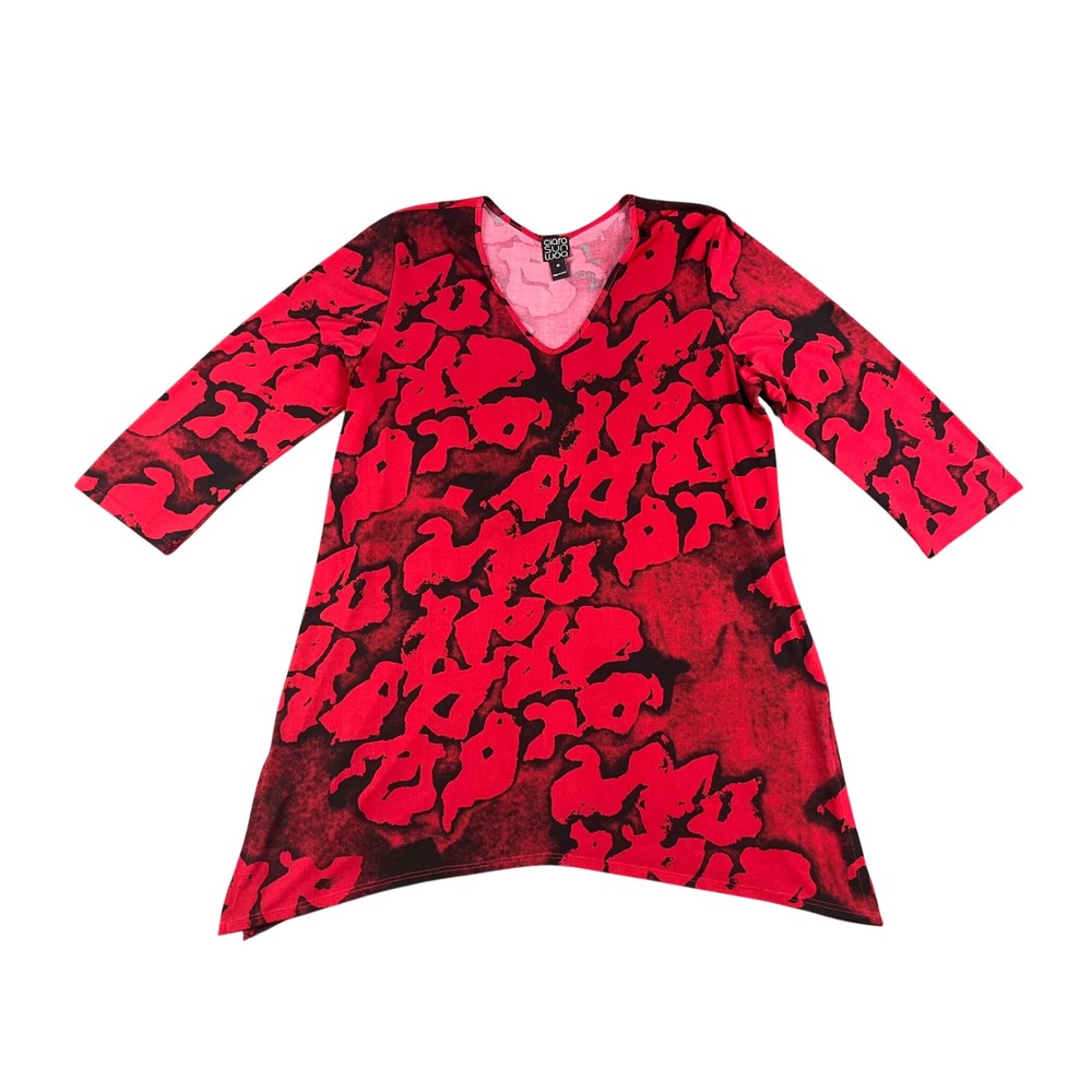 Clara Sunwoo Red Black Abstract Print Sharkbite Hem V-Neck Tunic Top Medium